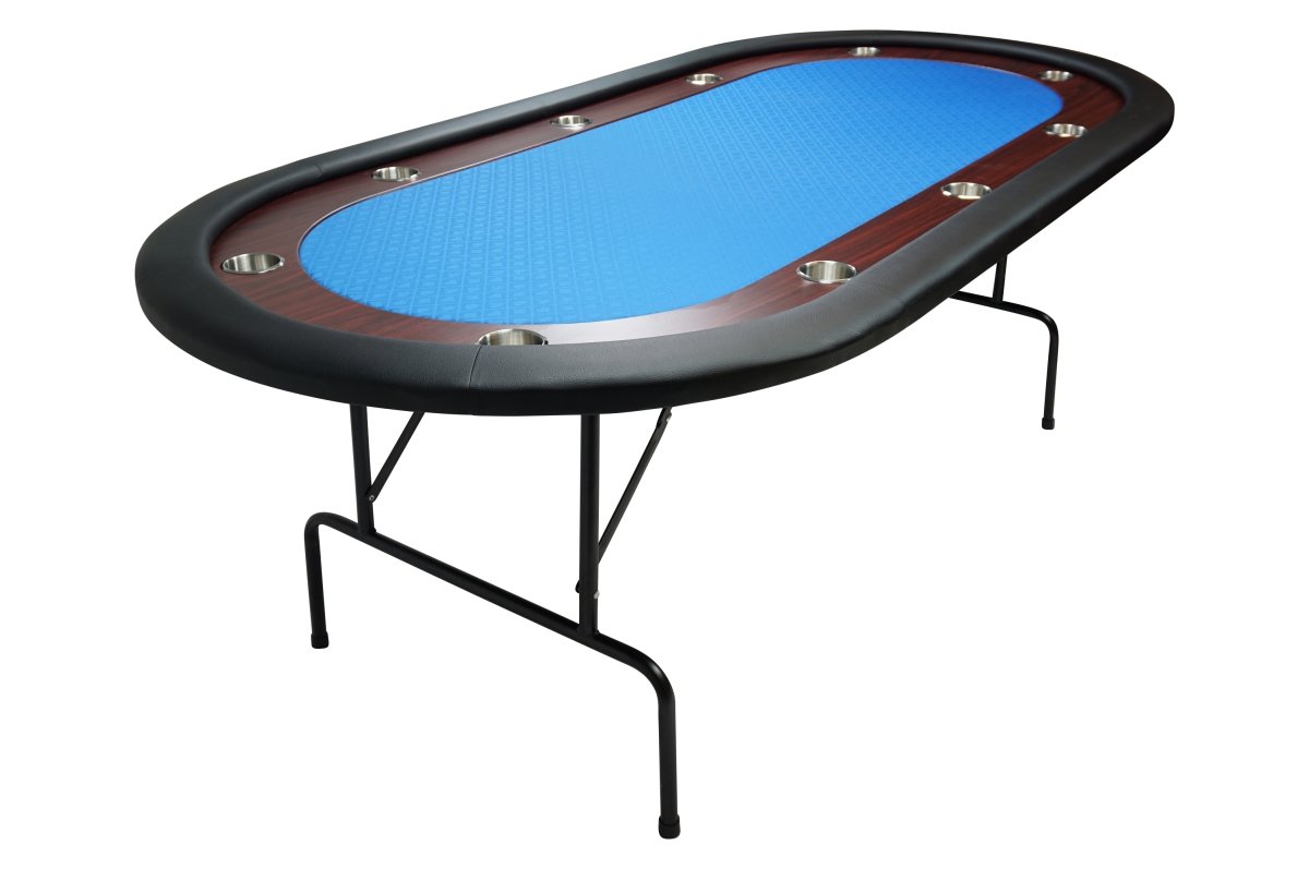 10 Player Folding Poker Table with Blue Felt & Padded Rail - Professional Casino Style Game Table