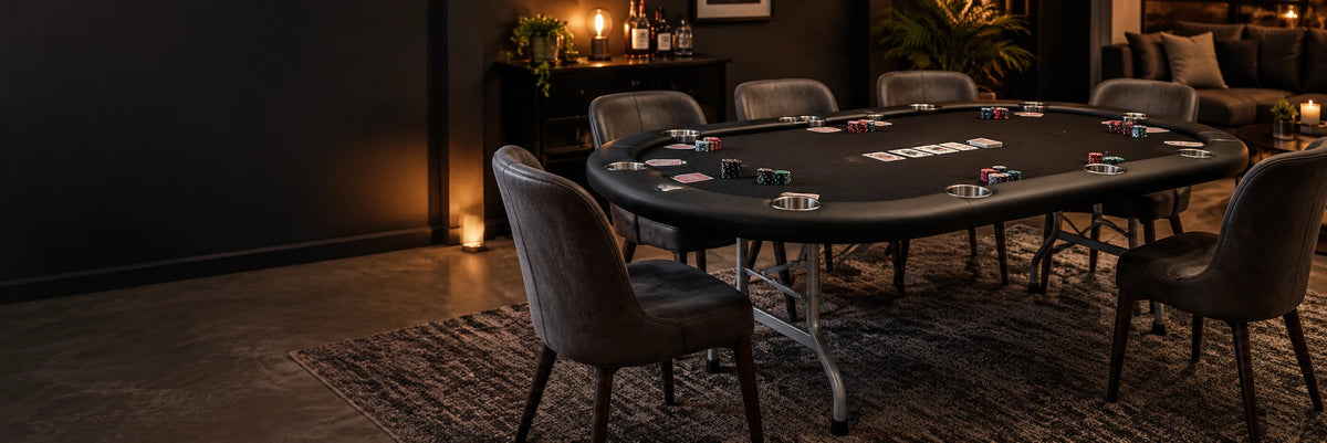 Illustrative home poker-night setting with a black-felt table, padded rail, cup holders, folding metal legs, cards and chips.