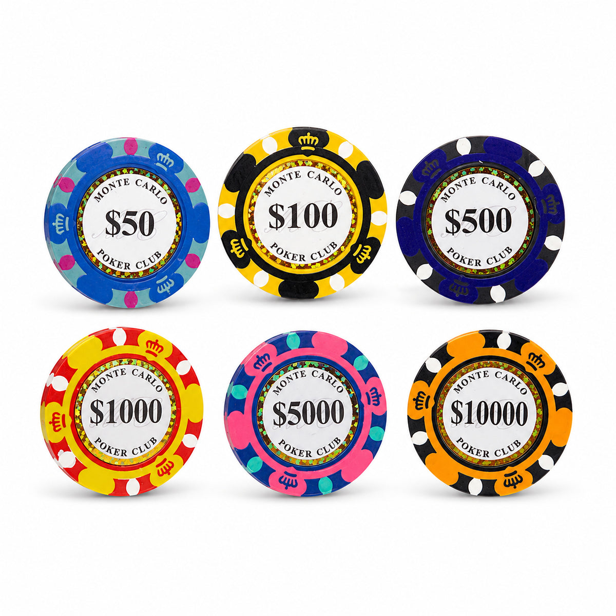 Six Monte Carlo poker-chip denominations arranged flat on a white background